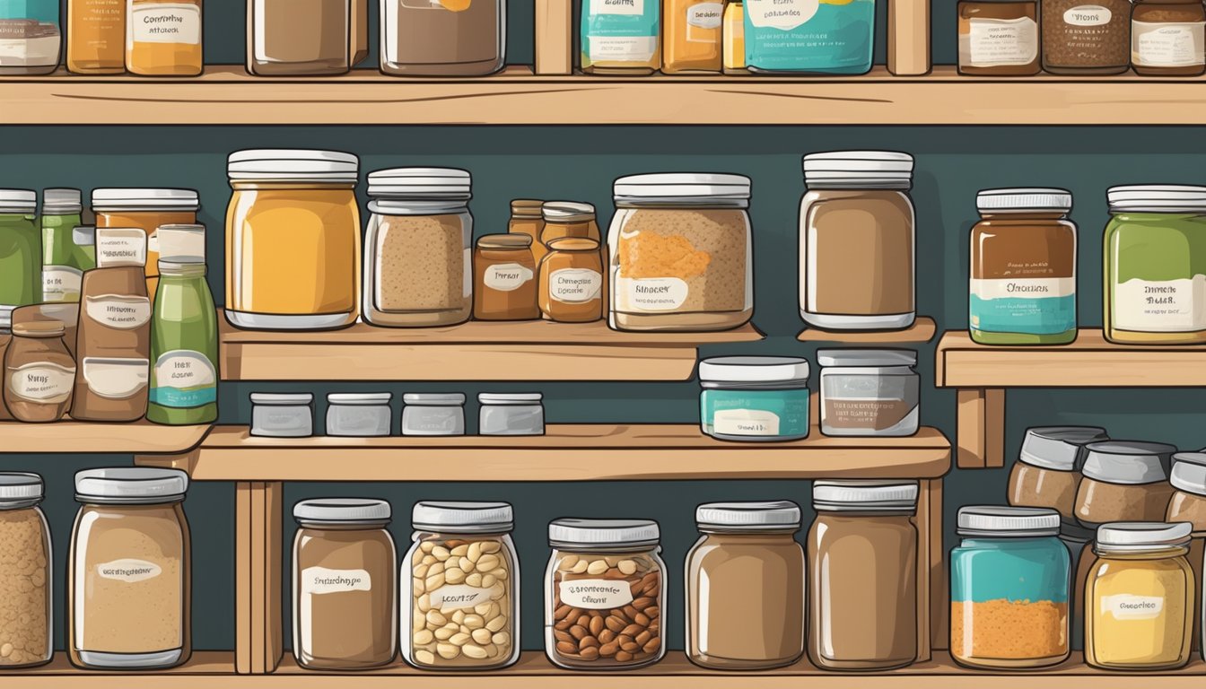 A pantry filled with jars of homemade nut butter, neatly arranged with colorful labels and packaging materials