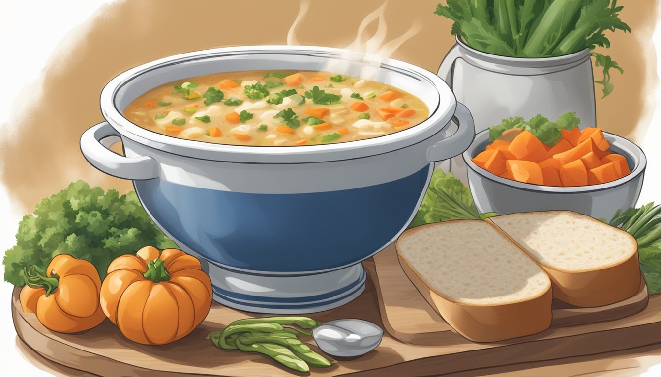 A steaming bowl of Progresso soup surrounded by fresh vegetables and a side of crusty bread on a busy kitchen counter