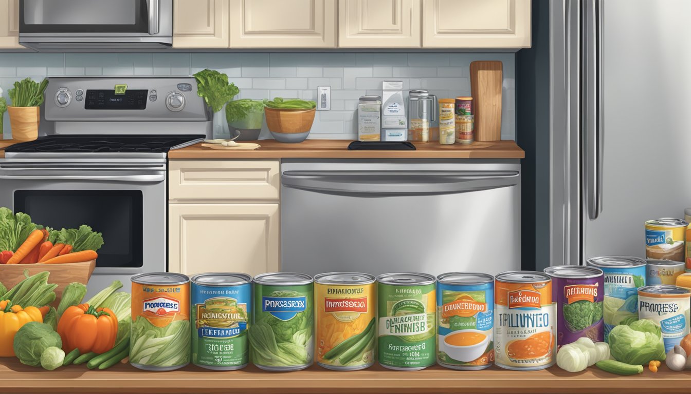 A kitchen counter with cans of Progresso soup, fresh vegetables, and a busy weeknight schedule pinned to the fridge