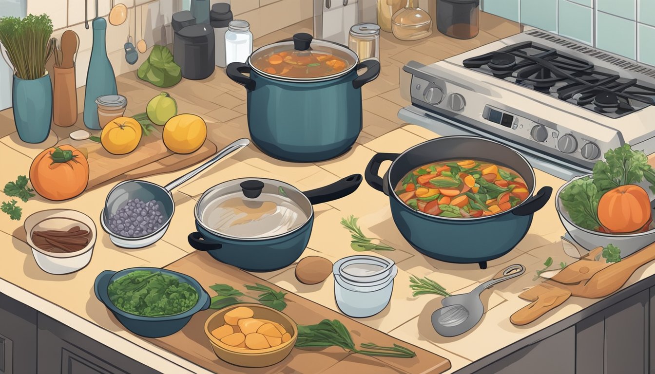 A busy kitchen with ingredients and utensils laid out, a pot simmering on the stove, and a timer set for a quick weeknight meal