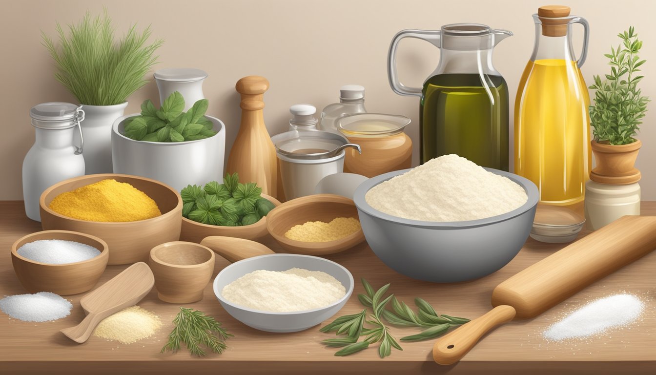 A kitchen counter with assorted shelf-stable ingredients such as flour, salt, herbs, and olive oil, along with baking utensils and a rolling pin