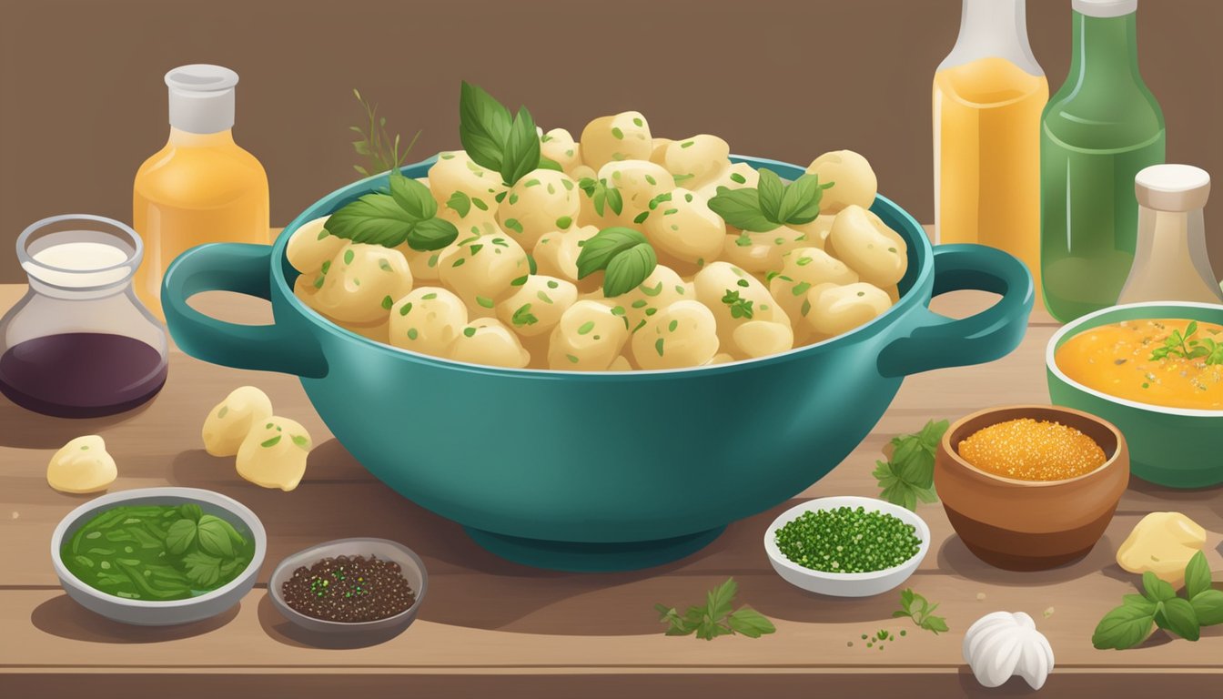 A steaming bowl of gnocchi with rich, creamy sauce and a sprinkle of fresh herbs on top, surrounded by colorful bottles of various seasonings