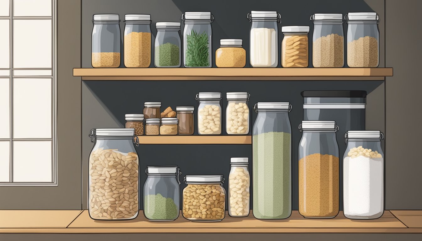 A pantry shelf with jars of flour, salt, and herbs, alongside sealed bags of seeds and nuts, all surrounded by homemade crackers in airtight containers