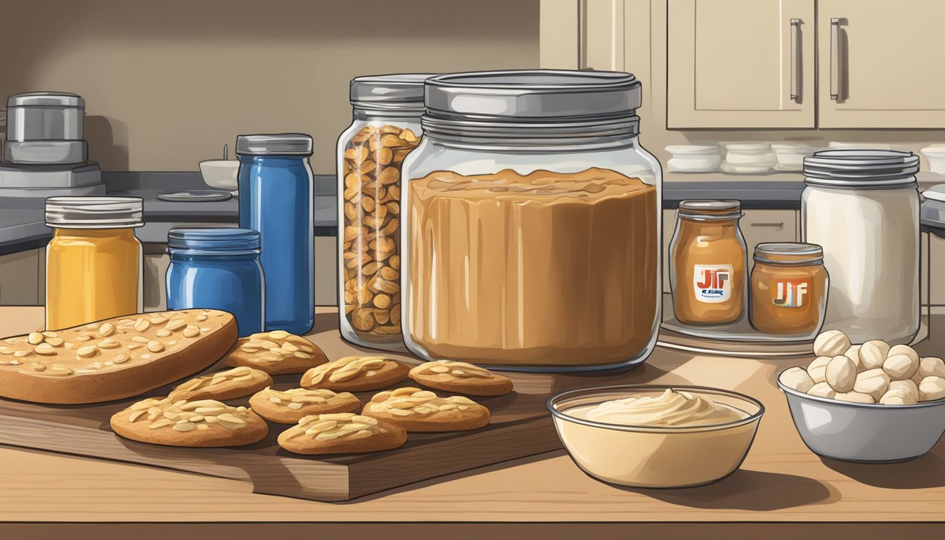 A kitchen counter with a jar of Jif peanut butter, assorted baking ingredients, and a mix of sweet and savory baked goods