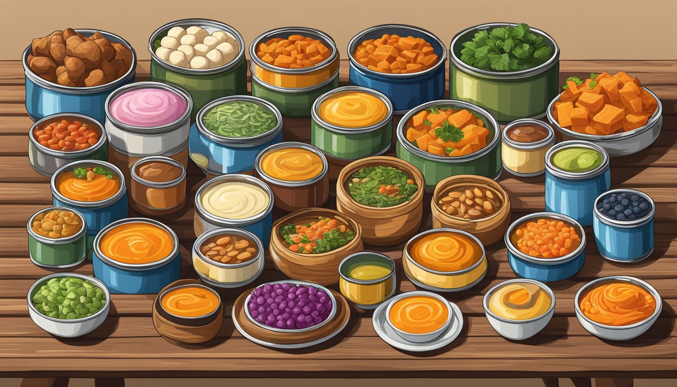 A colorful array of canned sweet potato dishes, from pies to soups, arranged on a rustic wooden table