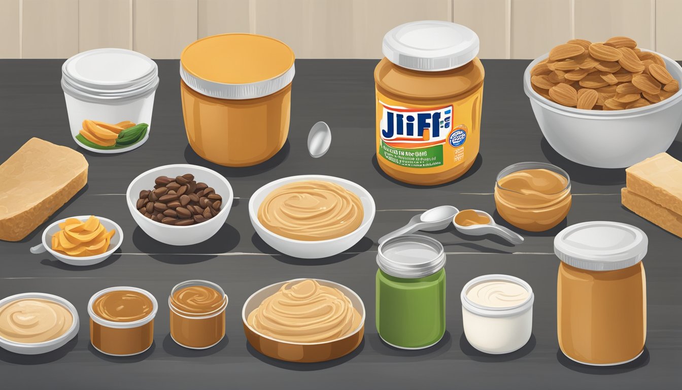 A spread of sweet and savory jif peanut butter recipes, with various ingredients and utensils arranged on a kitchen counter