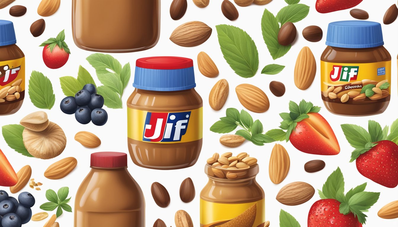 A jar of Jif peanut butter surrounded by a variety of sweet and savory ingredients such as chocolate, fruits, nuts, and herbs