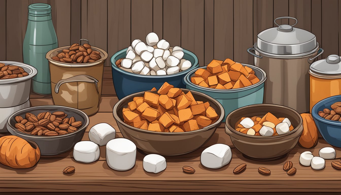 A rustic kitchen counter with open cans of sweet potatoes, marshmallows, and pecans, surrounded by mixing bowls and utensils