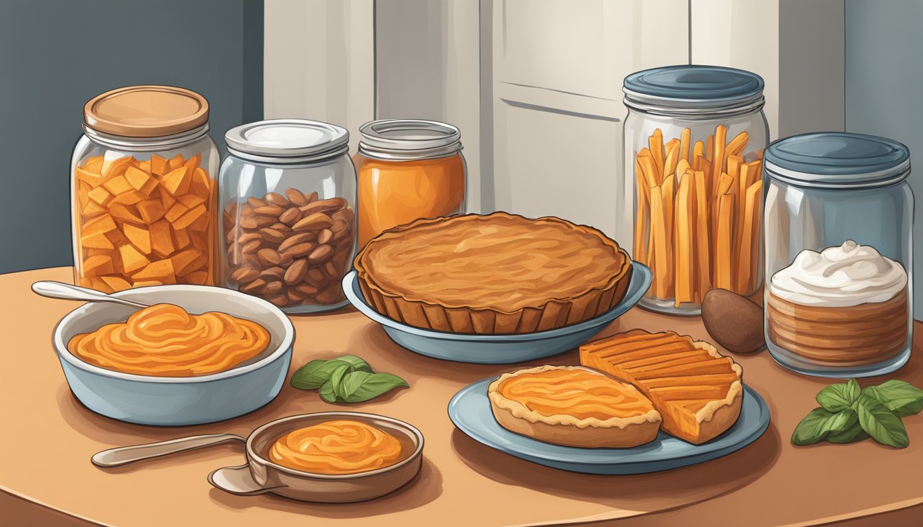 A kitchen counter with various canned sweet potato dishes: sweet potato pie, sweet potato muffins, sweet potato fries, and sweet potato pancakes