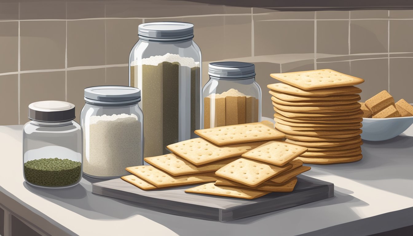 A pantry shelf with jars of flour, salt, and herbs next to a stack of homemade crackers. A small container of silica gel sits nearby to prevent moisture and cracker spoilage