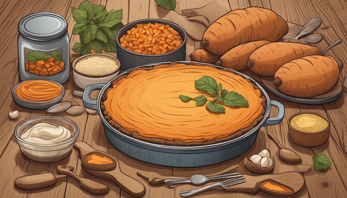 A can of sweet potatoes surrounded by various ingredients and kitchen utensils, with a freshly baked sweet potato pie on a rustic wooden table