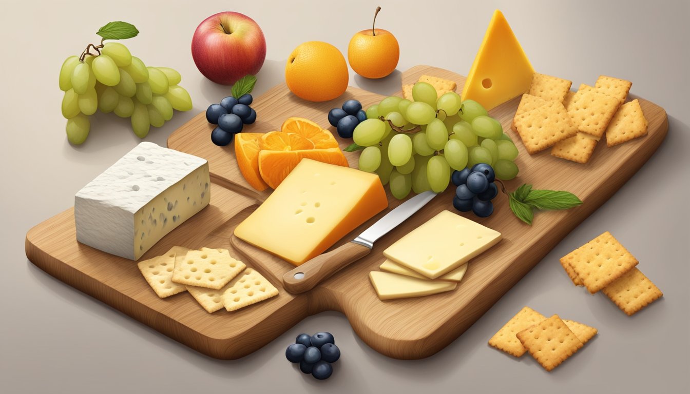 A wooden cutting board with an assortment of crackers, cheese, and fruits arranged in an aesthetically pleasing manner