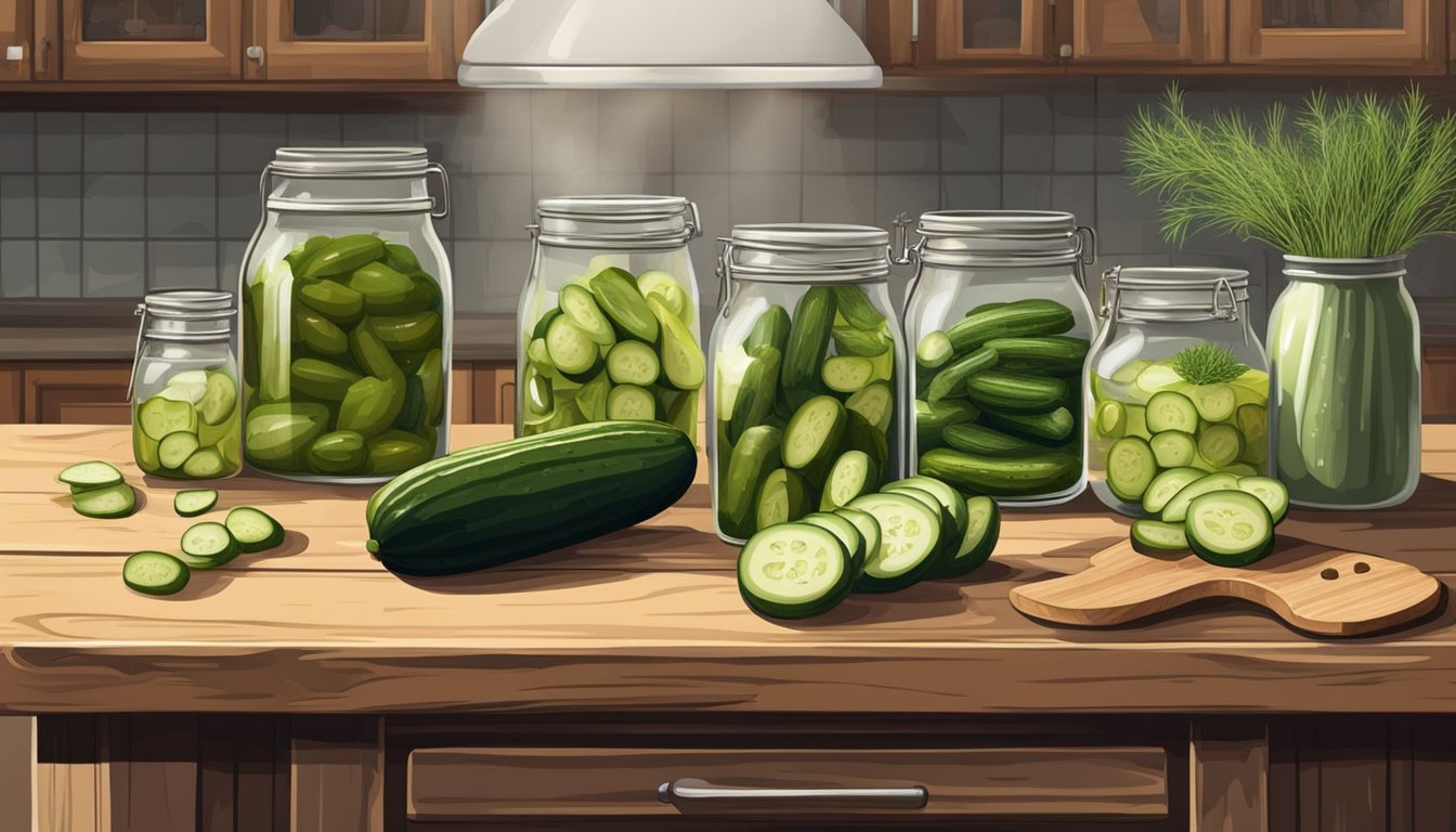 A rustic kitchen table with jars of pickles, fresh cucumbers, dill, garlic, and vinegar. A vintage scale and cutting board complete the scene