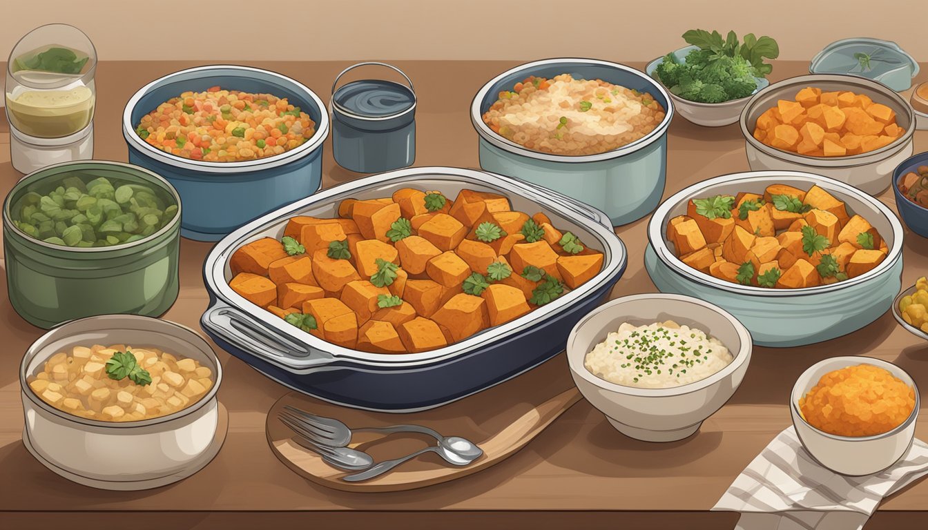 A table set with a variety of canned sweet potato dishes paired with different proteins, showcasing the versatility of the ingredient beyond the traditional casserole