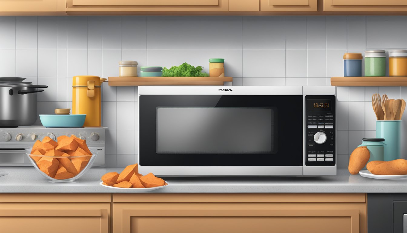 A kitchen counter with open cans of sweet potatoes, a pot, and a microwave