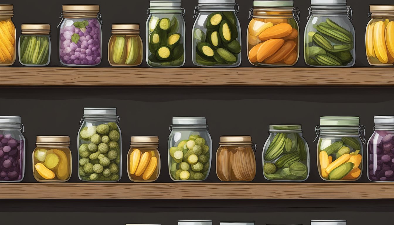 A rustic pantry shelf with jars of homemade pickles and relishes, showcasing various colors and textures