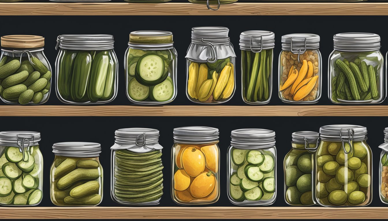 A cluttered pantry shelf filled with jars of homemade pickles and relishes, showcasing advanced pickling techniques