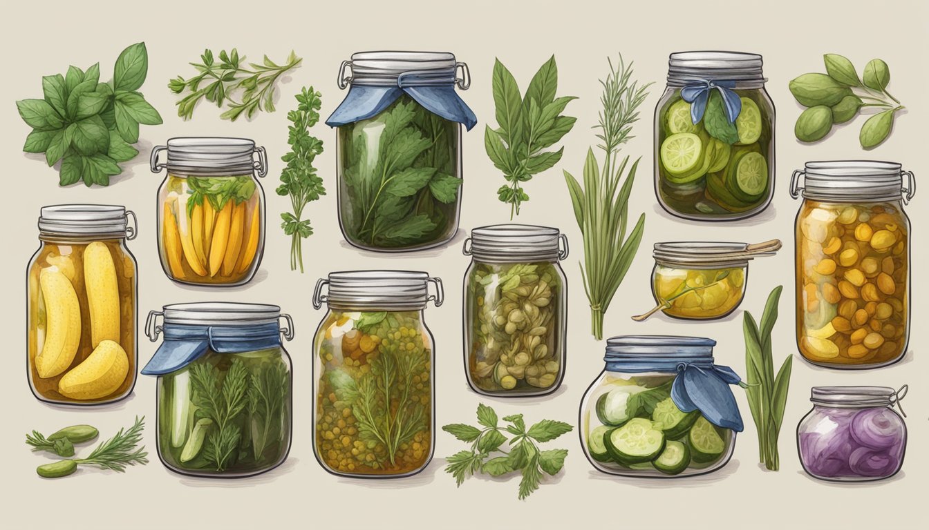 A variety of fresh herbs and spices arranged around jars of homemade pickles and relishes, with colorful labels and handwritten flavor profiles