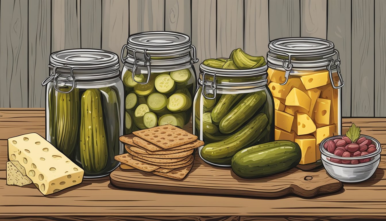 A jar of homemade pickles and relishes on a rustic wooden table with a variety of serving and pairing suggestions such as cheese, crackers, and charcuterie