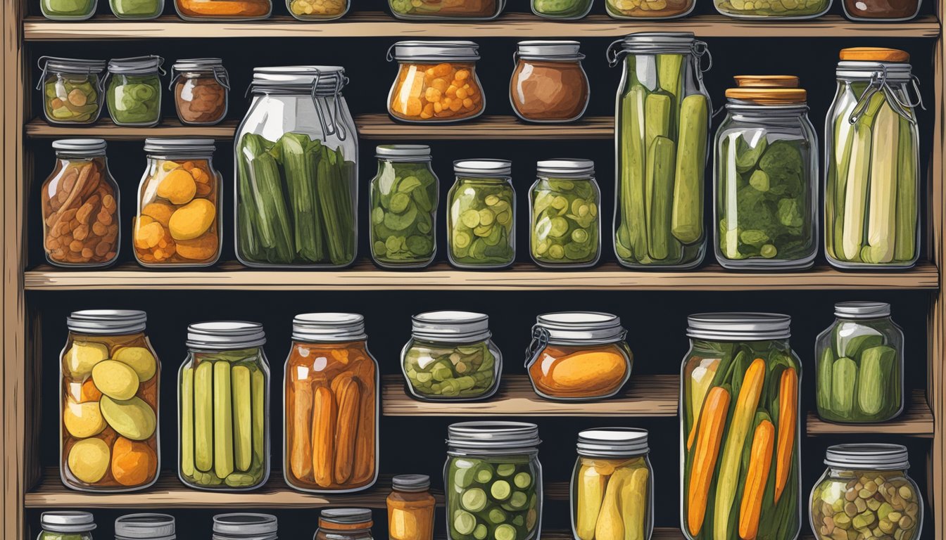 A cluttered pantry shelf with various jars of homemade pickles and relishes, some leaking or showing signs of spoilage