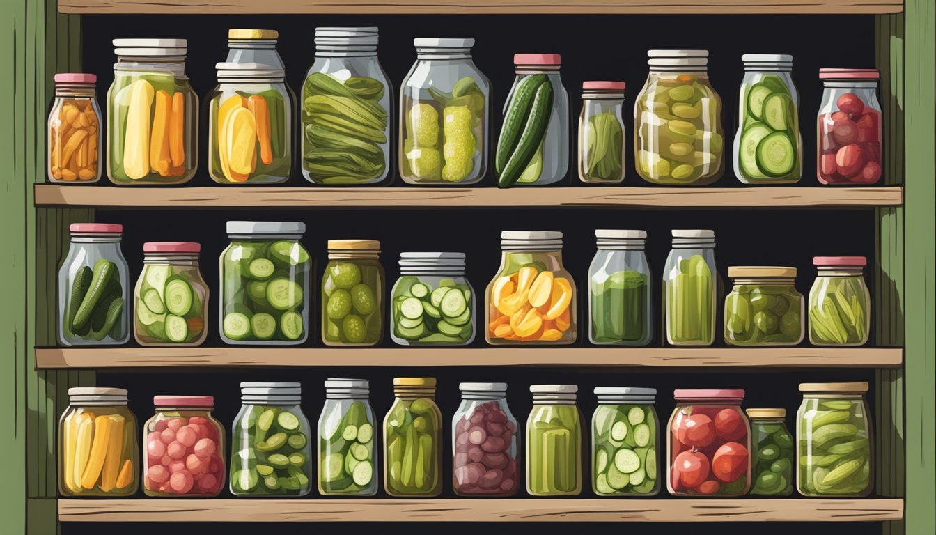 A pantry shelf filled with colorful jars of homemade pickles and relishes, showcasing a variety of pickle options beyond just cucumbers