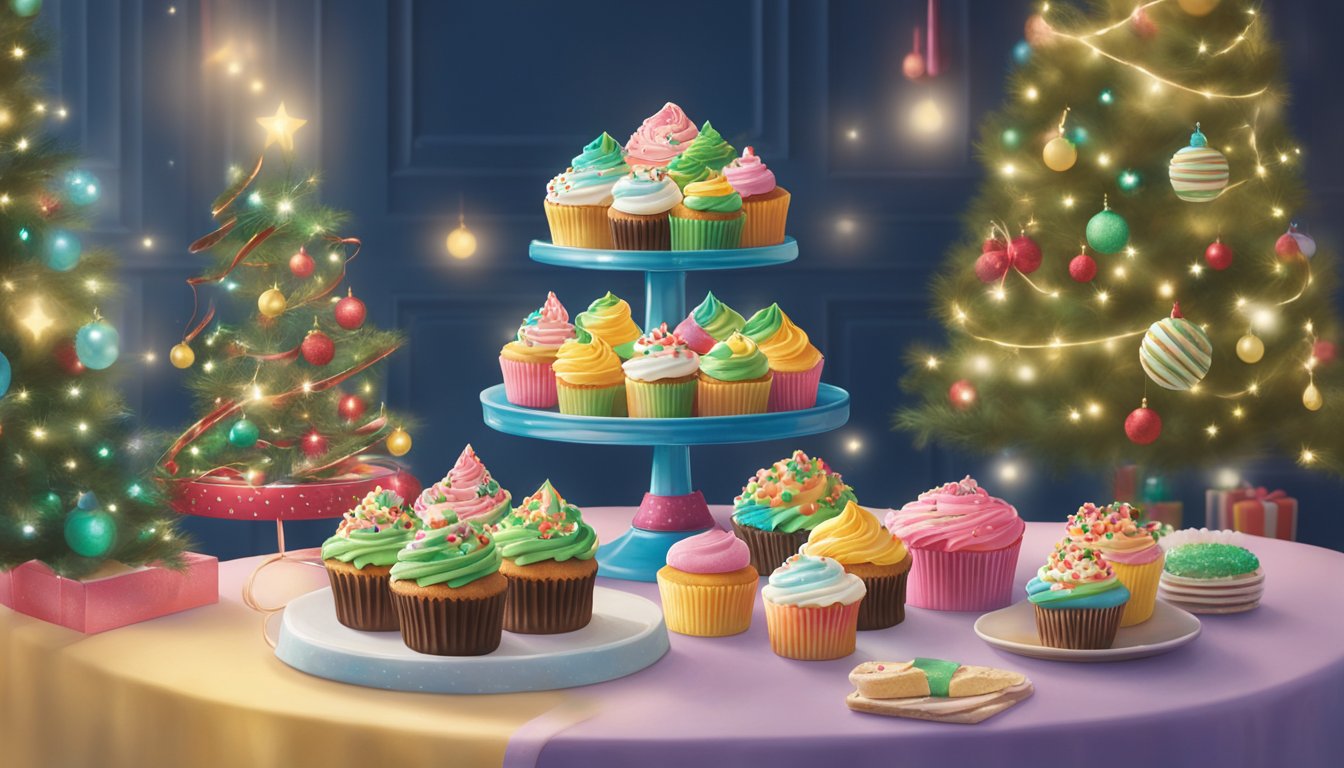 A colorful display of holiday-themed cupcakes and cookies made with Betty Crocker cake mix, surrounded by festive decorations and twinkling lights