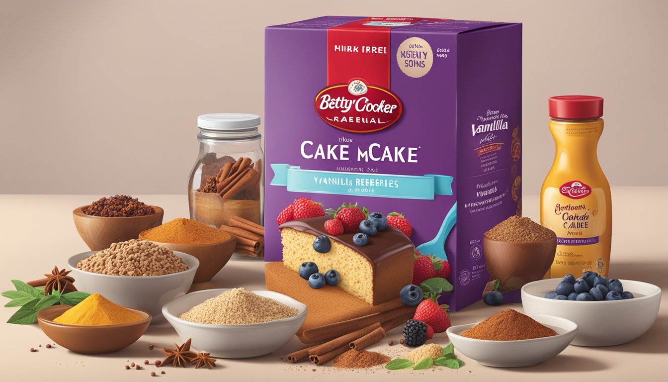 A colorful array of spices and flavorings surround a box of Betty Crocker cake mix, including vanilla extract, cinnamon sticks, and fresh berries