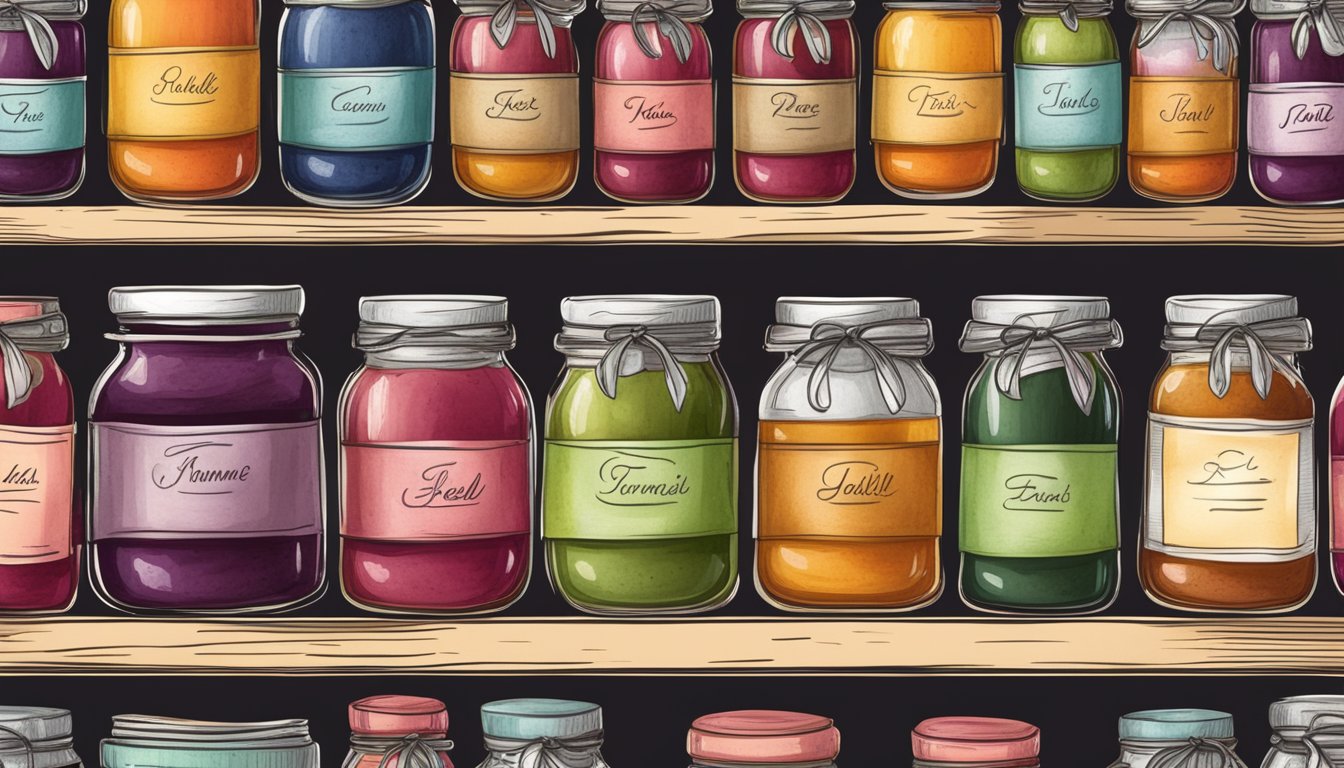 A rustic pantry shelf filled with colorful jars of homemade jams and jellies, each labeled with handwritten tags