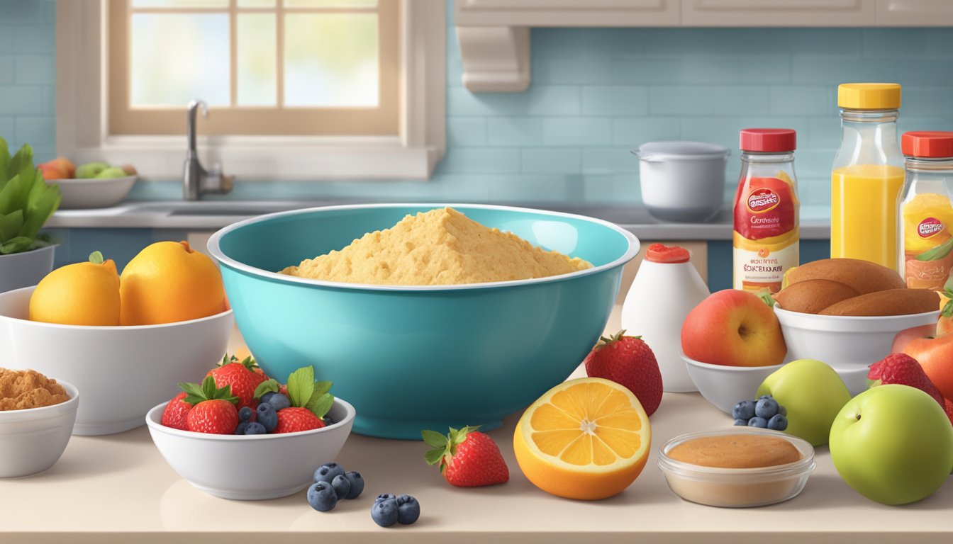 A kitchen counter with a mixing bowl filled with Betty Crocker cake mix, surrounded by fresh fruits and healthier baking ingredients