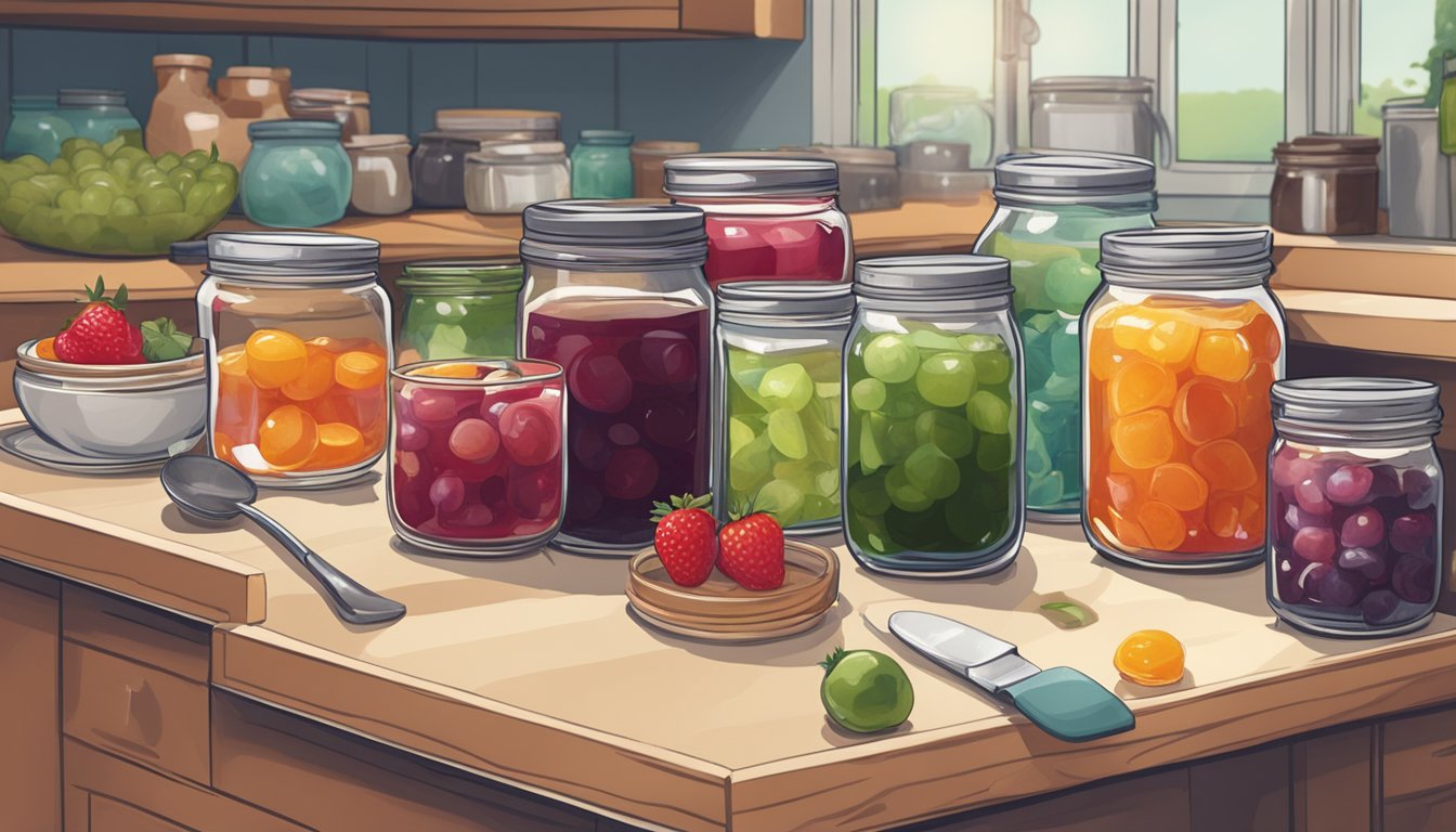 A cluttered kitchen counter with various jars of homemade jam and jelly, alongside spilled fruit and sugar, as someone troubleshoots common issues