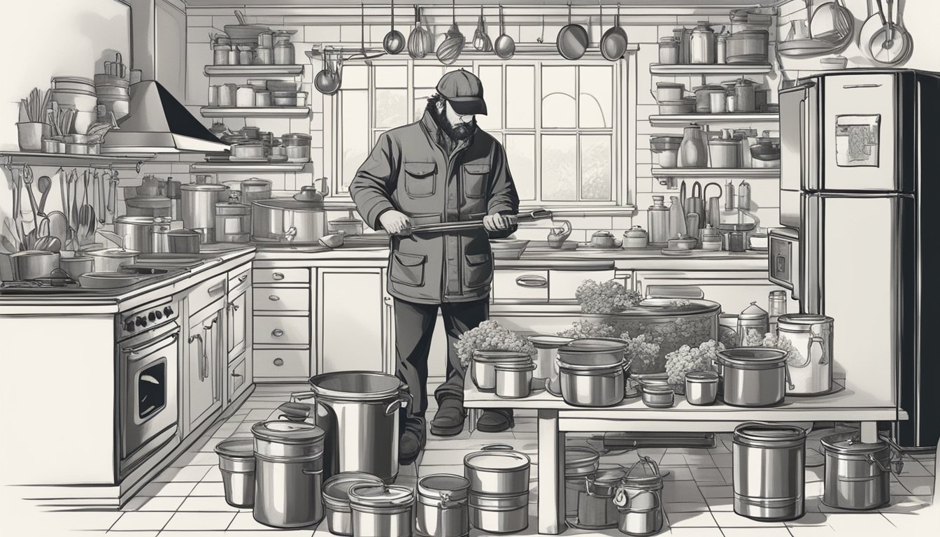 A hunter stands in a well-stocked kitchen, surrounded by various cooking equipment and ingredients. A can of venison sits on the counter, ready to be used in a recipe