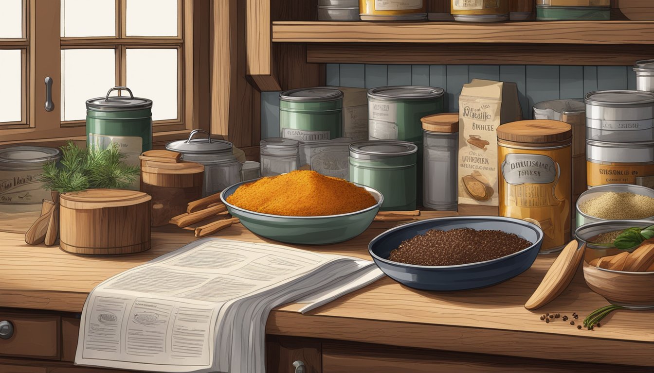 A rustic kitchen counter with canned venison, spices, and recipe books