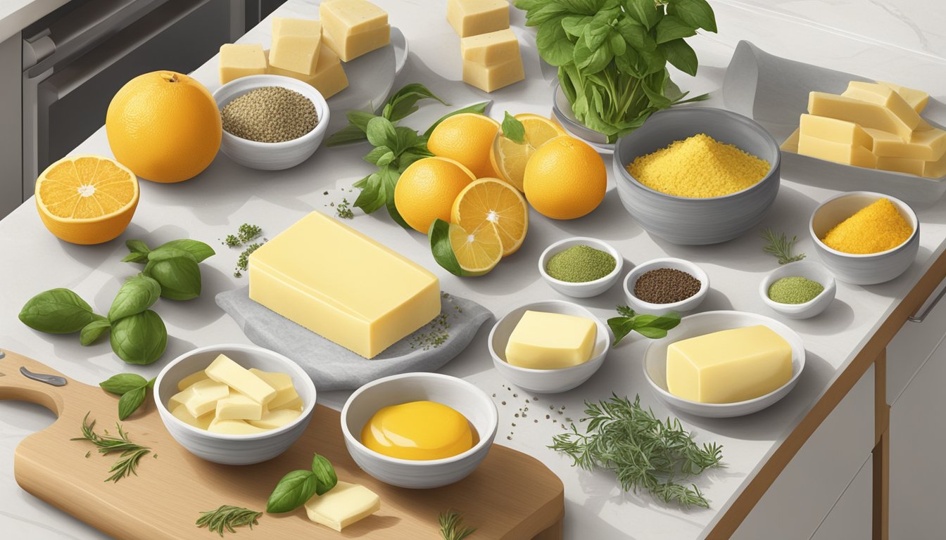 A variety of ingredients, including herbs, spices, and citrus zest, arranged on a kitchen counter next to blocks of unsalted butter