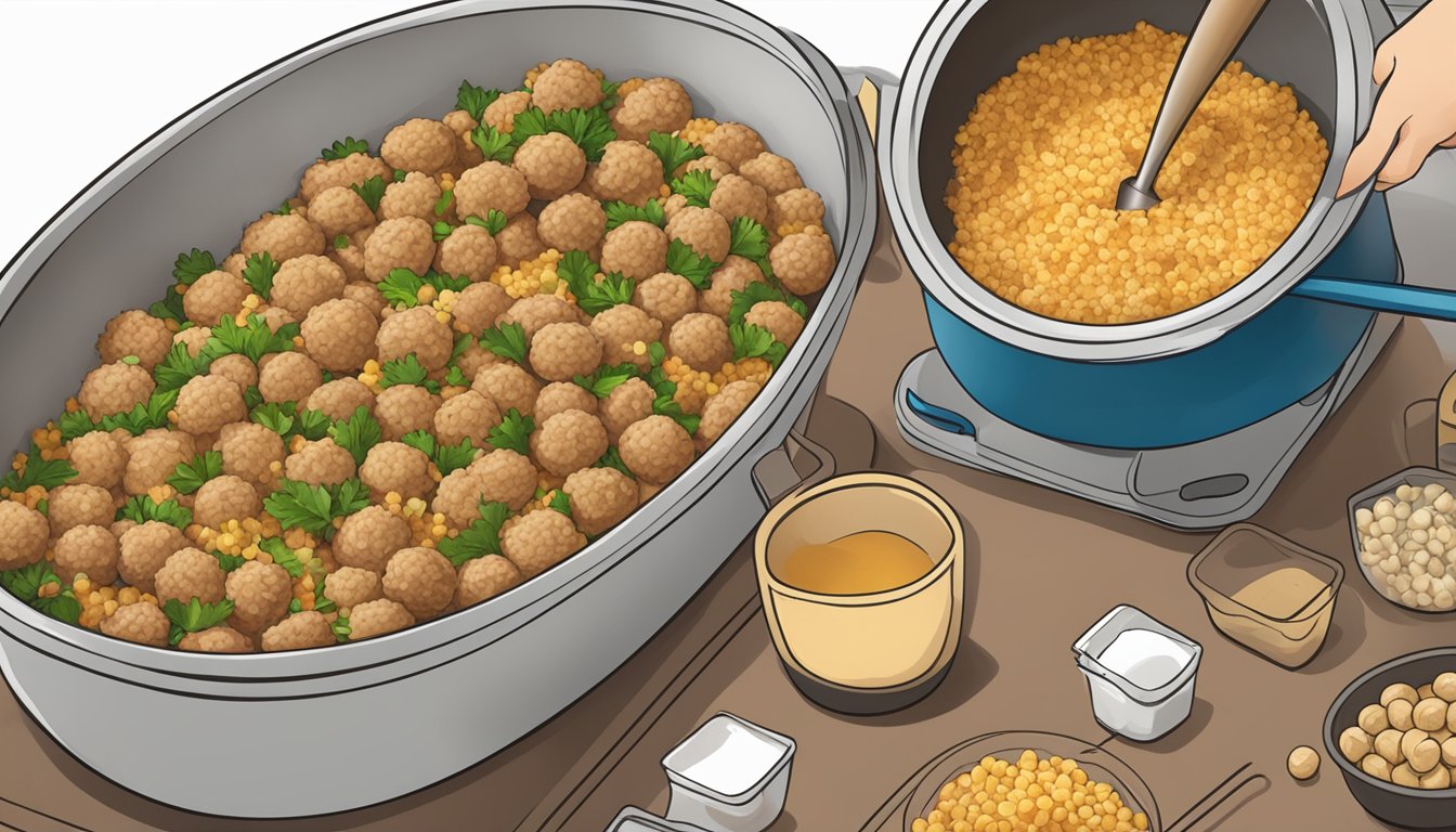 A bowl of boxed stuffing mix with meatball binders being mixed in