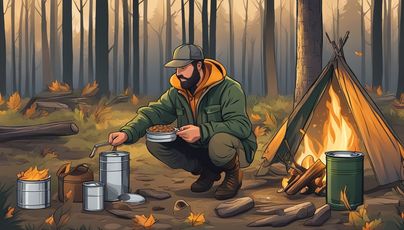 A hunter safely preparing and cooking canned venison over a campfire in the woods