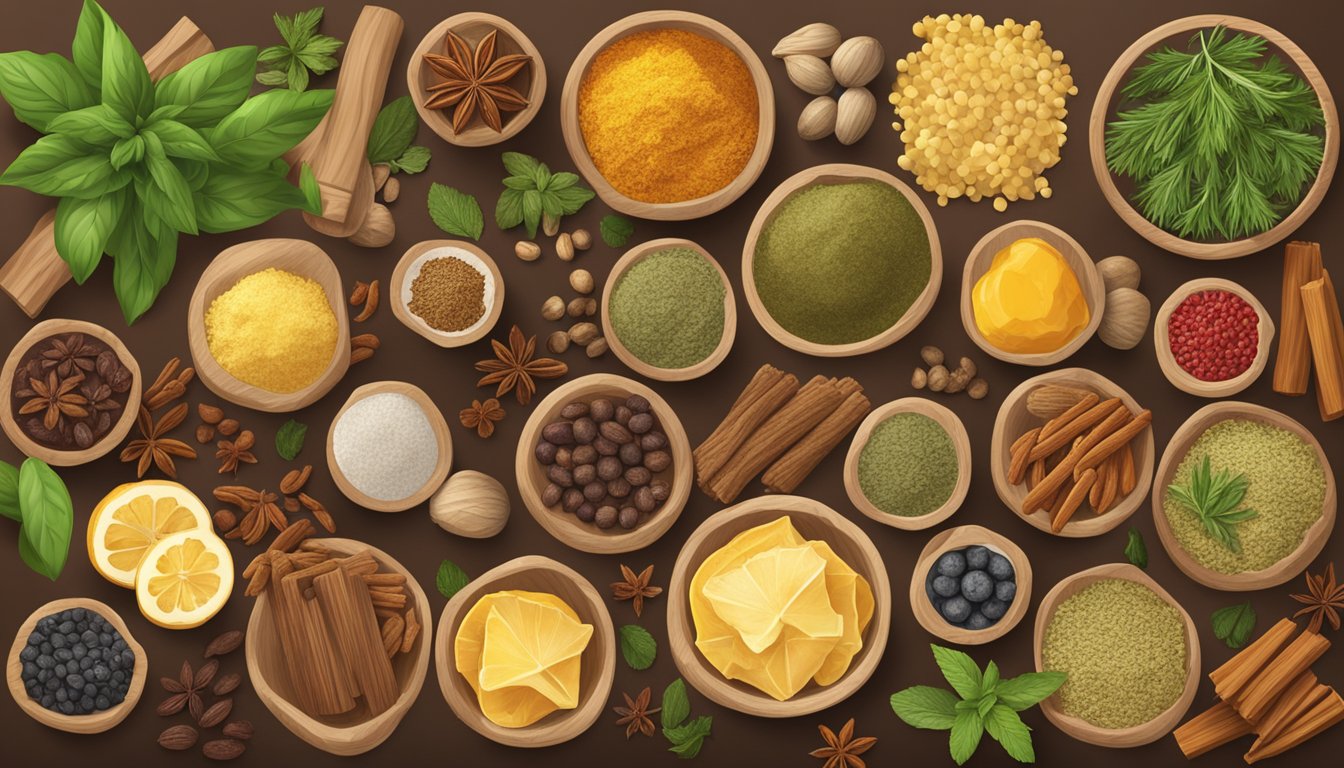 A wooden table with assorted shelf-stable ingredients like herbs, spices, and dried fruits, arranged in groups for creating flavored butter