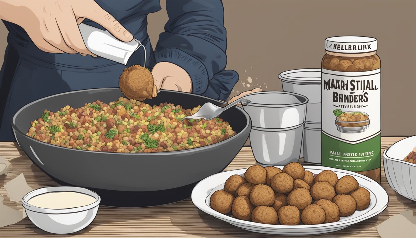 A hand pouring boxed stuffing mix into a bowl with meatball binders nearby