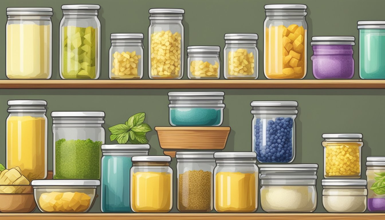 A variety of colorful jars and containers filled with different flavored compound butter combinations line the shelves in a well-lit kitchen pantry