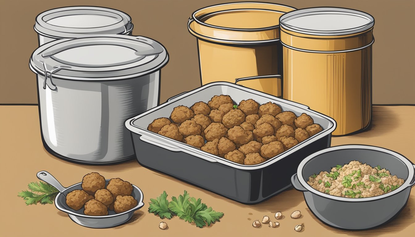 A box of stuffing mix sits next to a bowl of meatball binders, ready to be mixed and formed into perfect pairings and servings