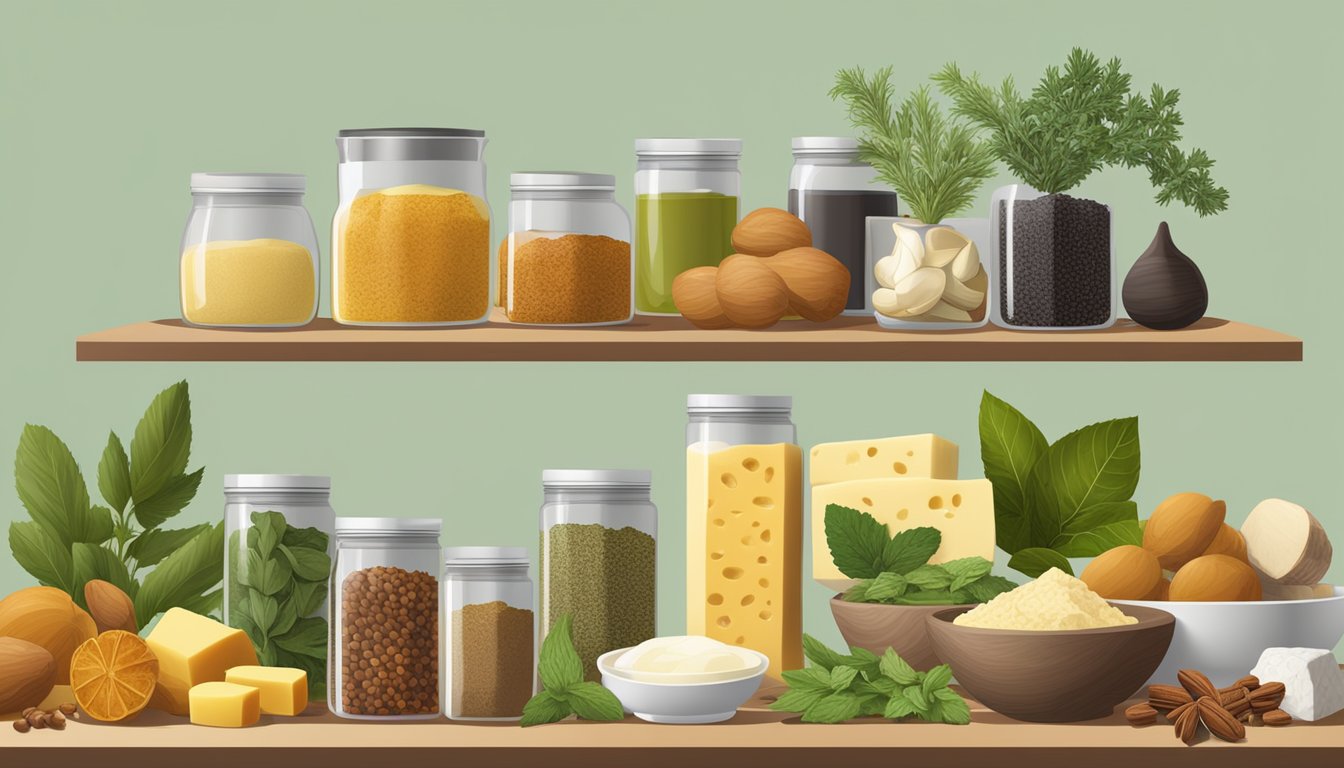 A collection of shelf-stable ingredients arranged in pairs, such as herbs, spices, and dried fruits, next to blocks of butter