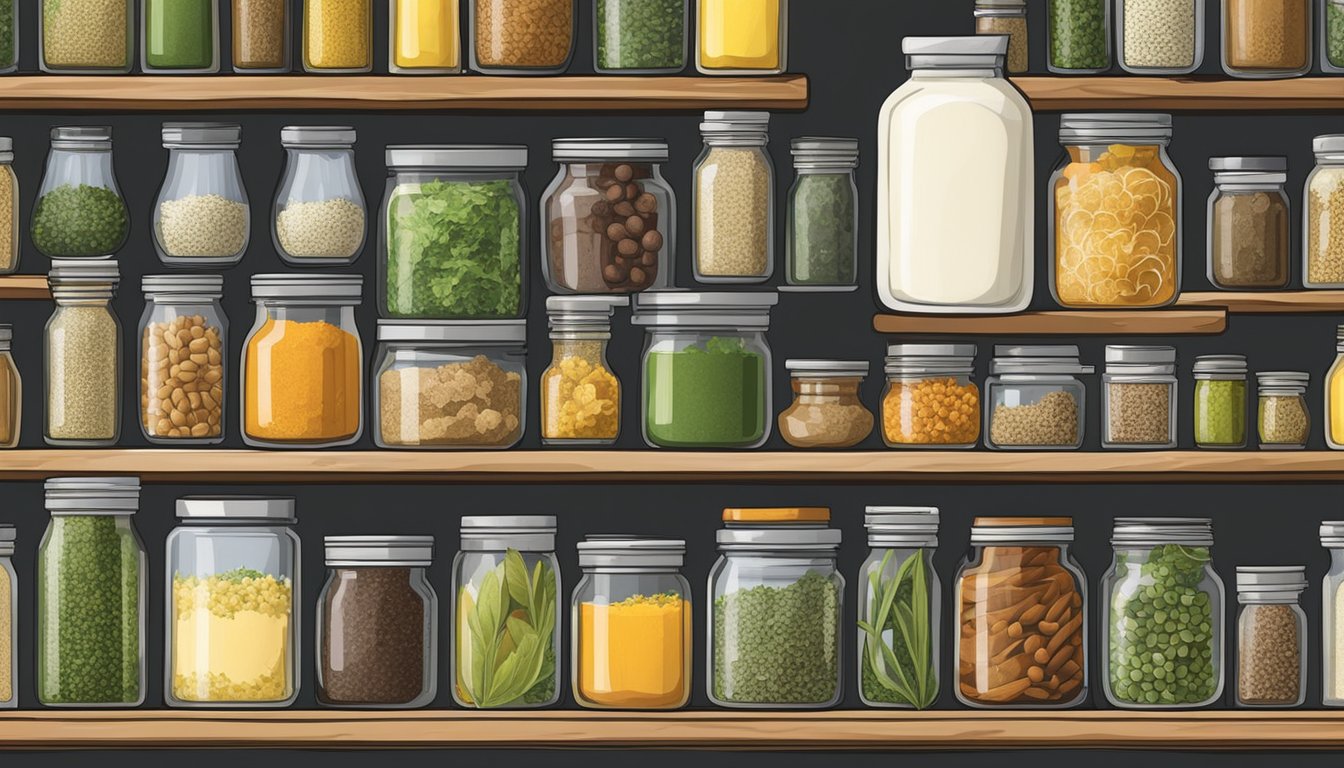 Various jars and bottles of herbs, spices, and flavor add-ins arranged on a shelf, with ingredients for flavored butter