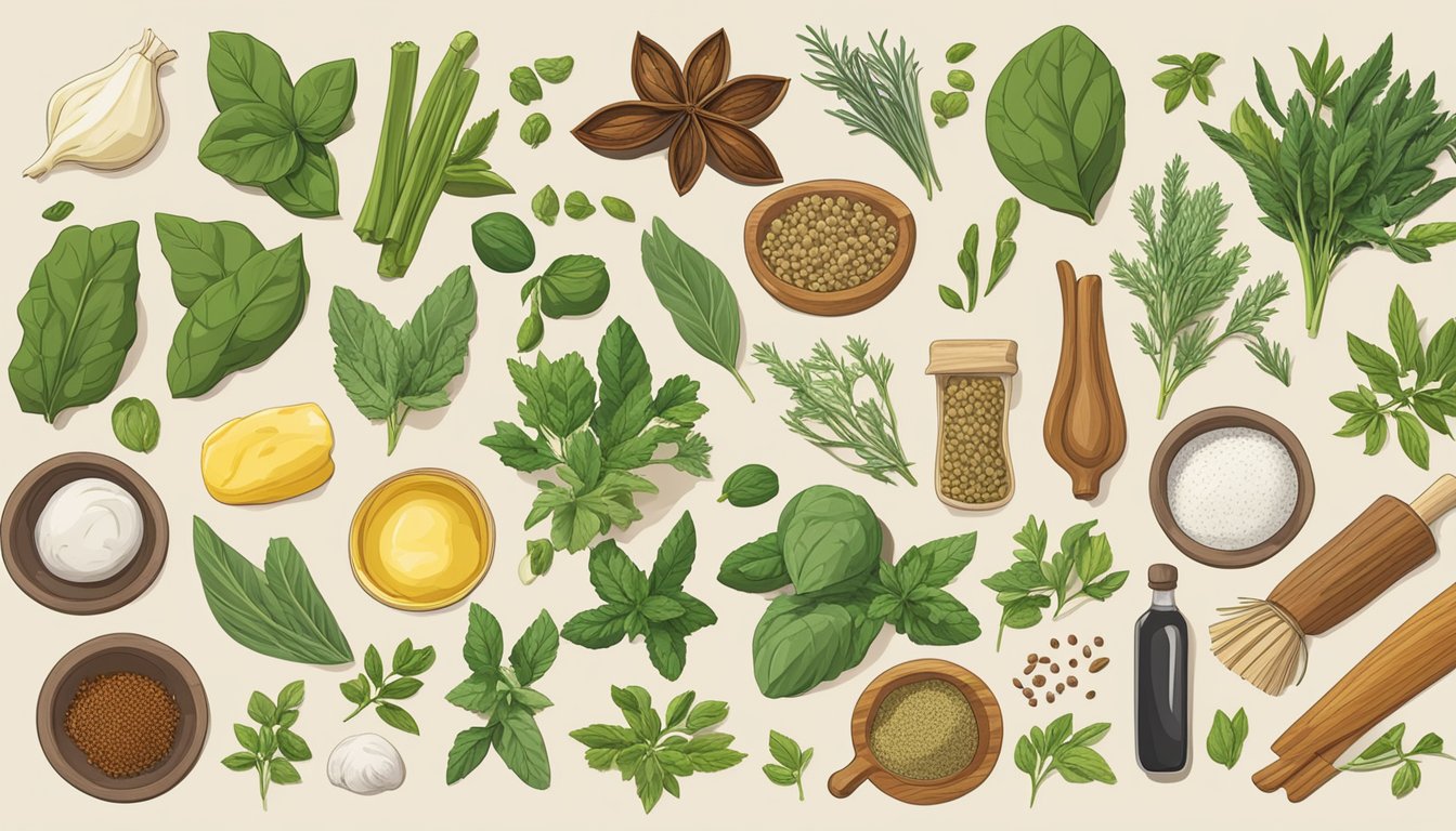 A variety of herbs, spices, and other ingredients arranged neatly on a kitchen counter, ready to be mixed into compound butter