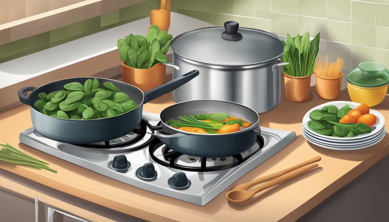 A kitchen counter with open cans of spinach, various cooking utensils, and a simmering pot on the stove