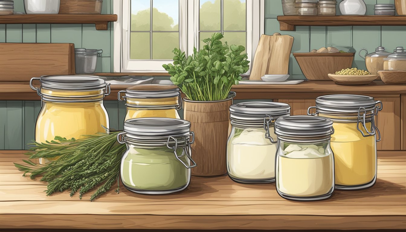 A rustic kitchen counter with jars of herbs, spices, and fresh produce next to a butter churn and a stack of labeled jars of homemade flavored butter