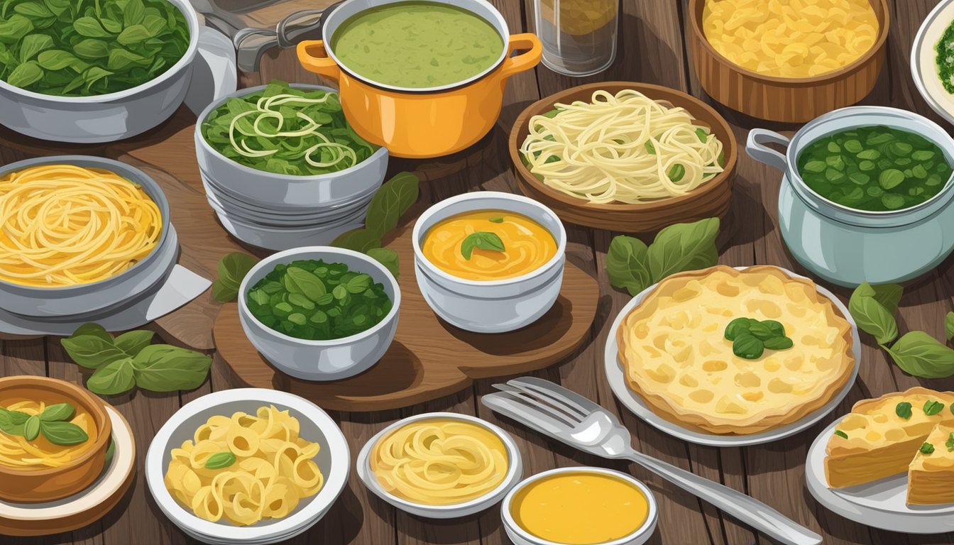 A variety of dishes featuring canned spinach, such as quiche, pasta, and soup, arranged on a rustic wooden table