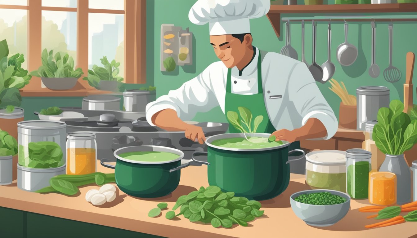 A chef stirring a pot of creamy spinach soup, surrounded by open cans of spinach and various ingredients on a kitchen counter