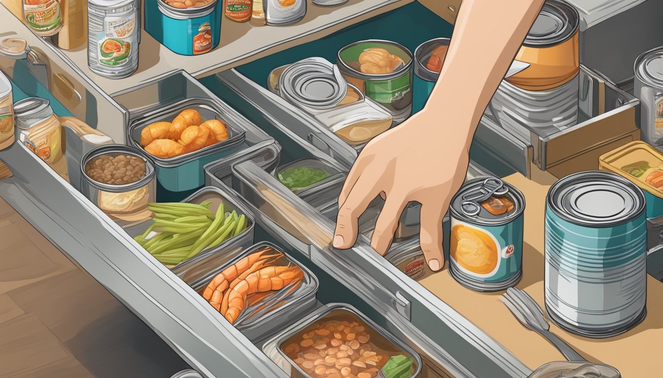 A hand reaching for a can of shrimp on a pantry shelf, surrounded by various other canned goods and kitchen utensils