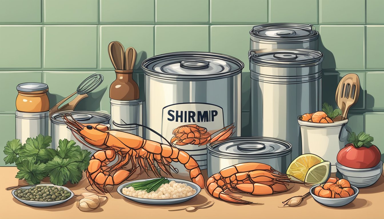 A can of shrimp surrounded by various ingredients and cooking utensils on a kitchen counter