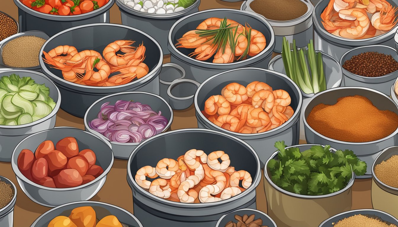 A kitchen counter with open cans of shrimp, assorted spices, and fresh vegetables, ready to be used for quick and easy canned shrimp dishes