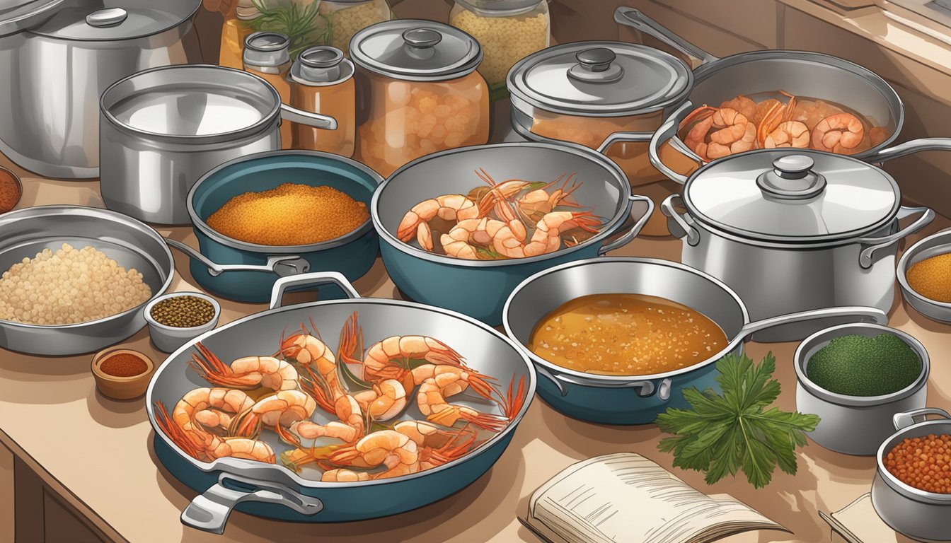 A bustling kitchen counter with open cans of shrimp, various spices, and a recipe book, surrounded by pots and pans